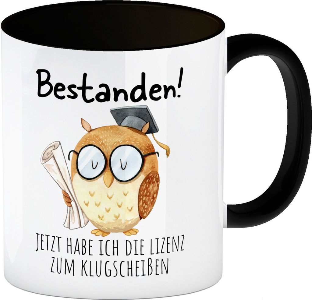 Bestandene Prüfung Eule Kaffeebecher in schwarz mit Spruch Lizenz zum