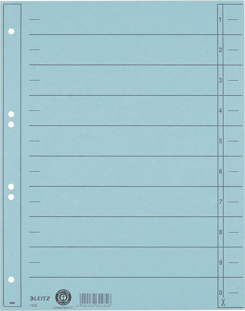 LEITZ Trennblätter A4 Überbreite Manilakarton 230 g/qm hellblau 100 Trennblätter