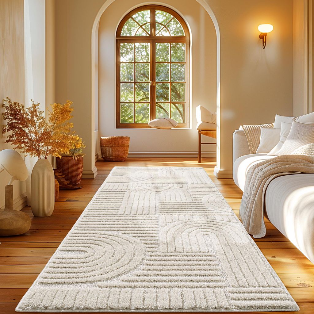 A well-lit living room with a large arched window, a sofa, and a rug.