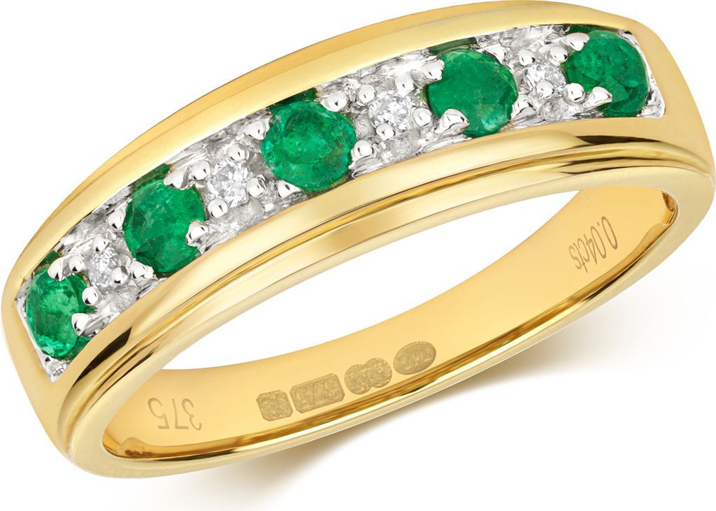 Funkelndes Feuer Klassischer 9 Karat (375) Gold Halb Eternity Damen - Diamant Ring Brillant-Schliff H - PK1 mit Smaragd, 54 (17.2); TRS291099KYRSN
