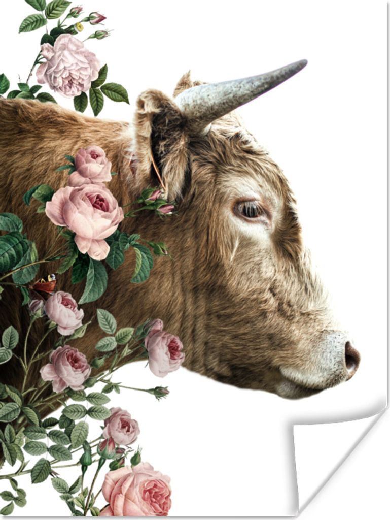 MuchoWow Poster Schottischer Highlander - Kuh - Blumen 60x80 cm - Schlafzimmer Dekoration