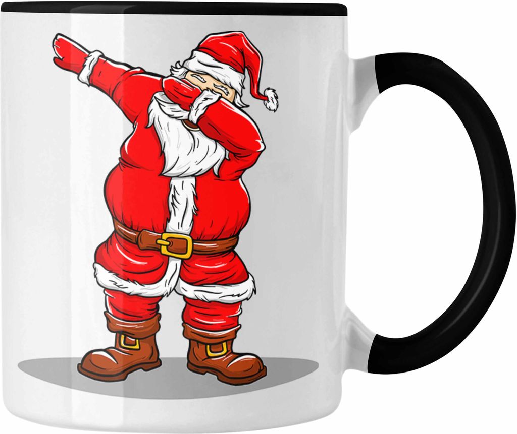 Trendation - Weihnachten Tasse Weihnachtsmann für Kinder Weihnachtstasse Lustig Geschenk Jungs Jungen Mädchen Cute Lebkuchen Grafik Becher (Schwarz)
