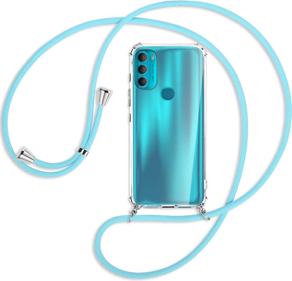 Handykette Backcover-Schutzhülle mit Band (Metall silberfarben) für Motorola Moto G71 5G - himmelblau