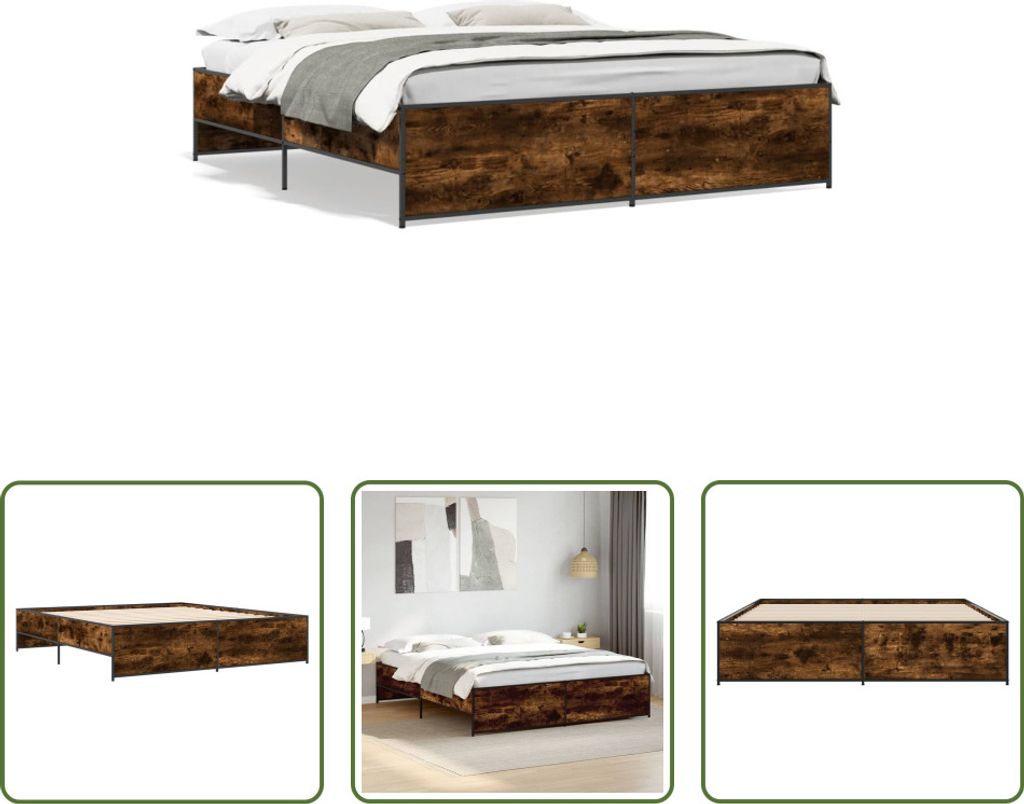 The Living Store Bettgestell Räuchereiche 200x200 cm Holzwerkstoff und Metall