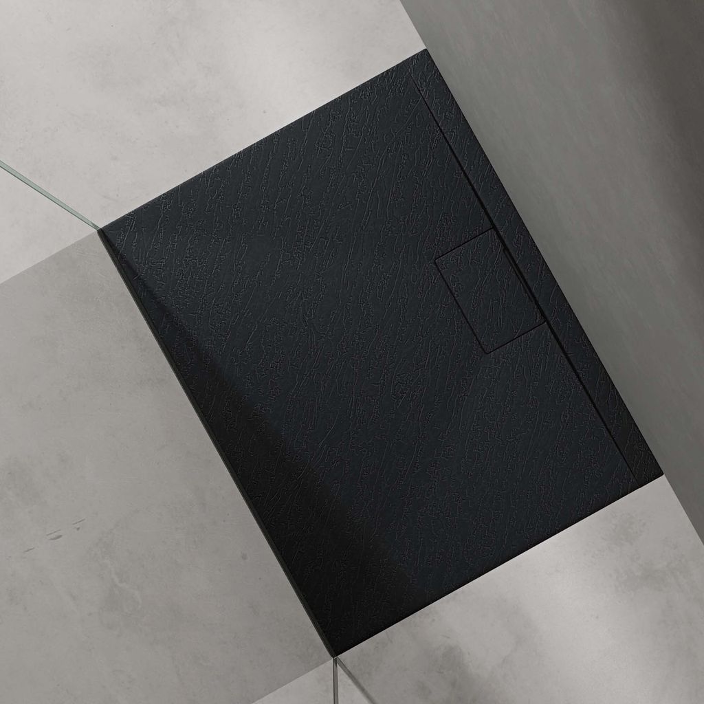 doporro Duschtasse Duschwanne 70x90x3 flach Mineralguss in Anthrazit DIN-Anschlüsse für bodengleiche Montage geeignet Geoma07