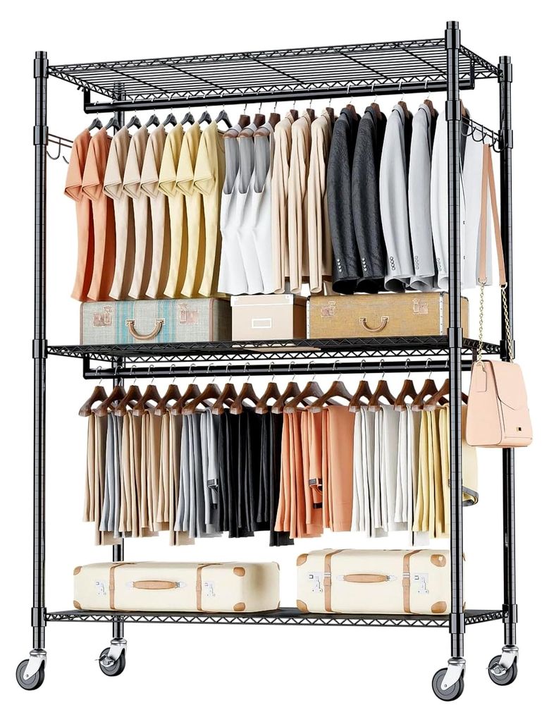 Doppelter Kleiderständer mit höhenverstellbarem Regal, auf Rollen, aus stabilem Metall, mit 2 Haken, 90 * 42 * 205 cm, Schwarz