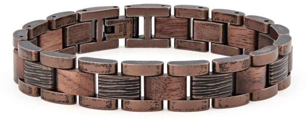 Holzkern Armband für Herren Edelstahl mit Holz Marked Walnuss/Kupferfarben