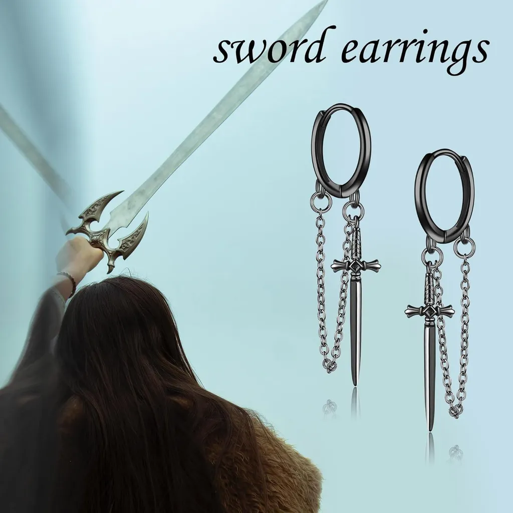 Boucles d'oreilles épée noire argent 925 hypoallergénique et durable