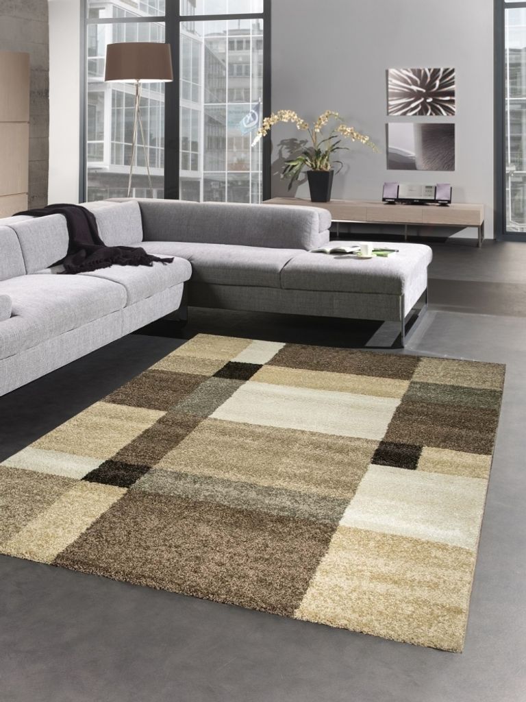 Moderner Teppich Kurzflorteppich Wohnzimmerteppich karo braun beige Größe - 80x150 cm