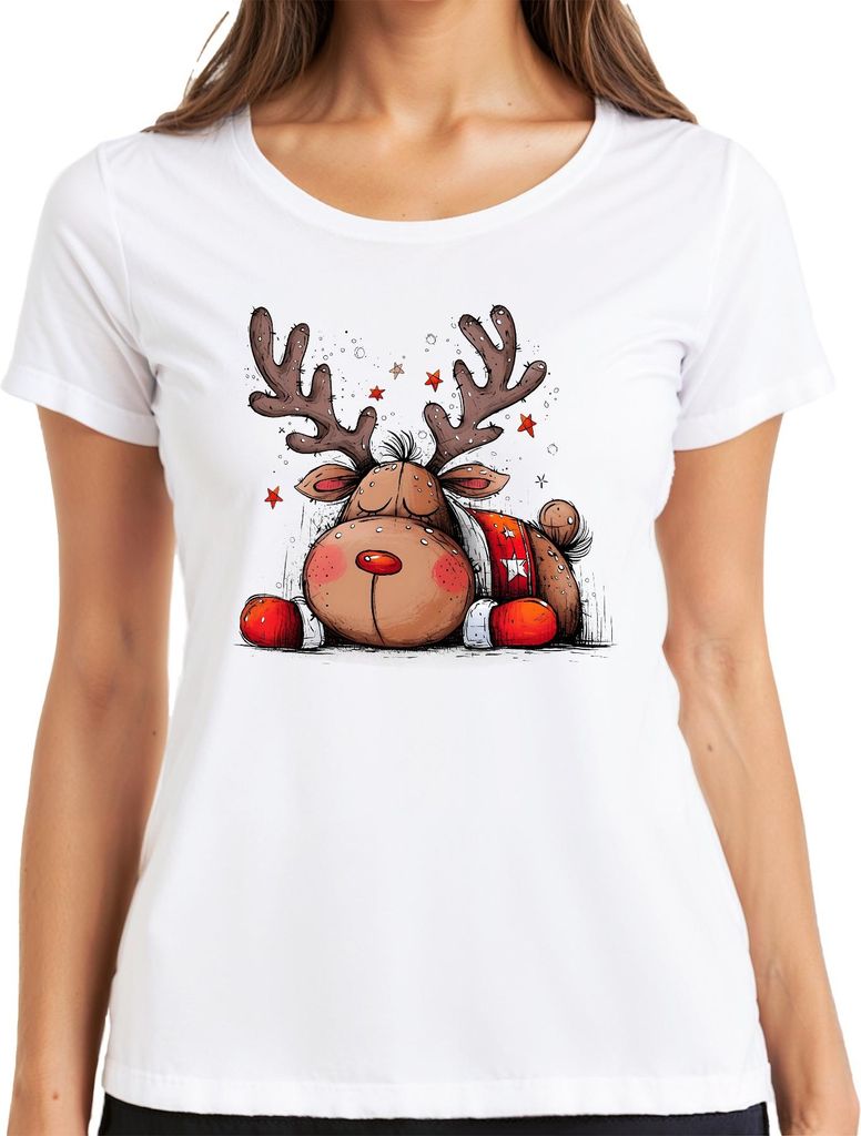 Weihnachten schlafendes Rentier rote Nase Geweih Sterne Niedlich Damen T-Shirt, Weiß, M