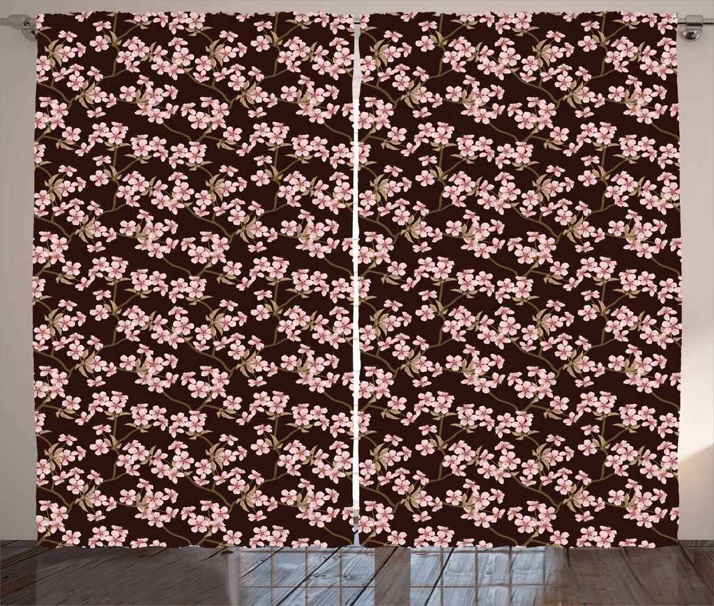 ABAKUHAUS japanisch Rustikaler Gardine, Soft Pink Cherry Bloom, Schlafzimmer Kräuselband Vorhang mit Schlaufen und Haken, 280 x 245 cm, Braun Hell...