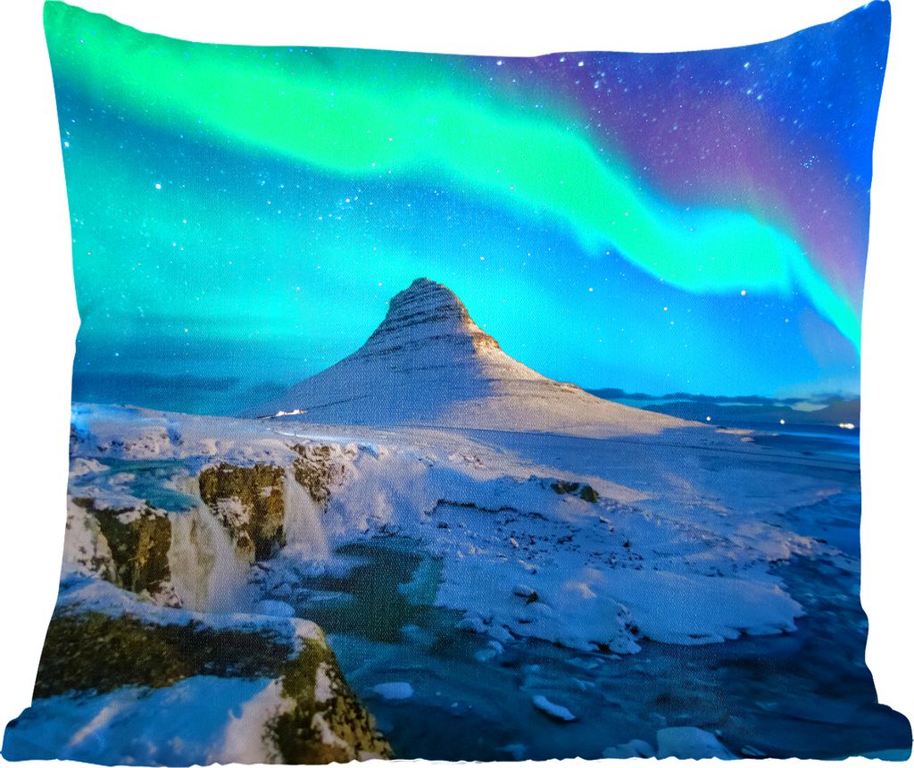 MuchoWow Zierkissen Sofakissen Wohnzimmer Dekokissen 60x60 cm Nordlichter - Berge - Island - Sitzfläche - Foto Polster