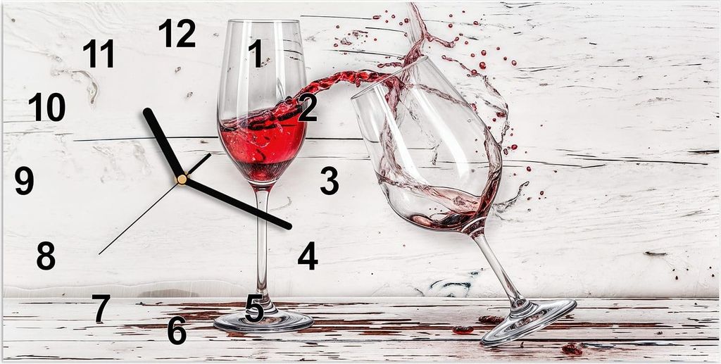 Wanduhr aus Glas mit Motiv Rotweingläserfall- 60 x 30 cm - inkl. Aufhängesystem