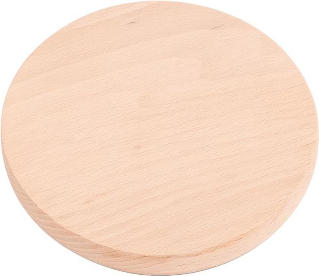 A round wooden cutting board is shown from a top-down perspective against a white background.