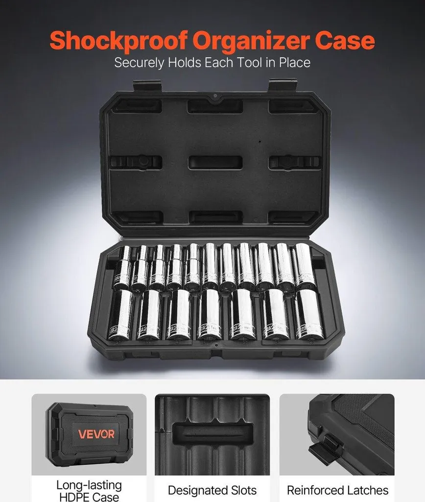 Set di chiavi a bussola, 18 pezzi, set di chiavi a bussola con attacco da 12,7 mm, misure metriche da 10 a 27 mm, kit di utensili meccanici con custodia, marcature chiare, acciaio legato CR-V cromato, per riparazioni automobilistiche - 5