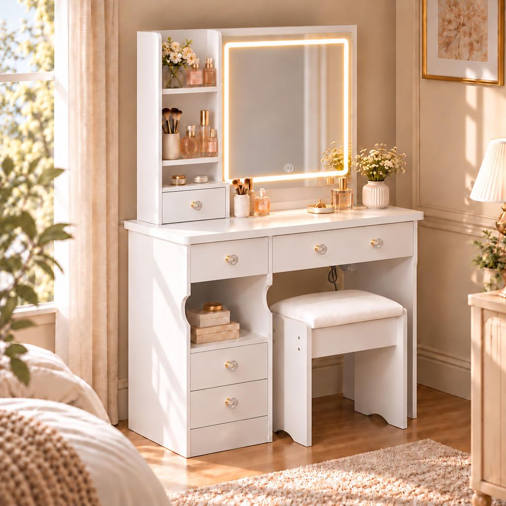 Make-up tafel met spiegel en verstelbare LED-verlichting – Productafbeelding 
