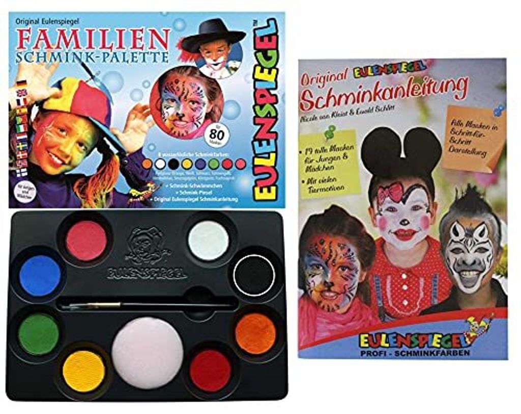 Eulenspiegel 208014 - Familien Schmink-Palette, 8 Profi-Aqua Farben, 1 Schwamm, 1 Pinsel, 1 Schminkanleitung