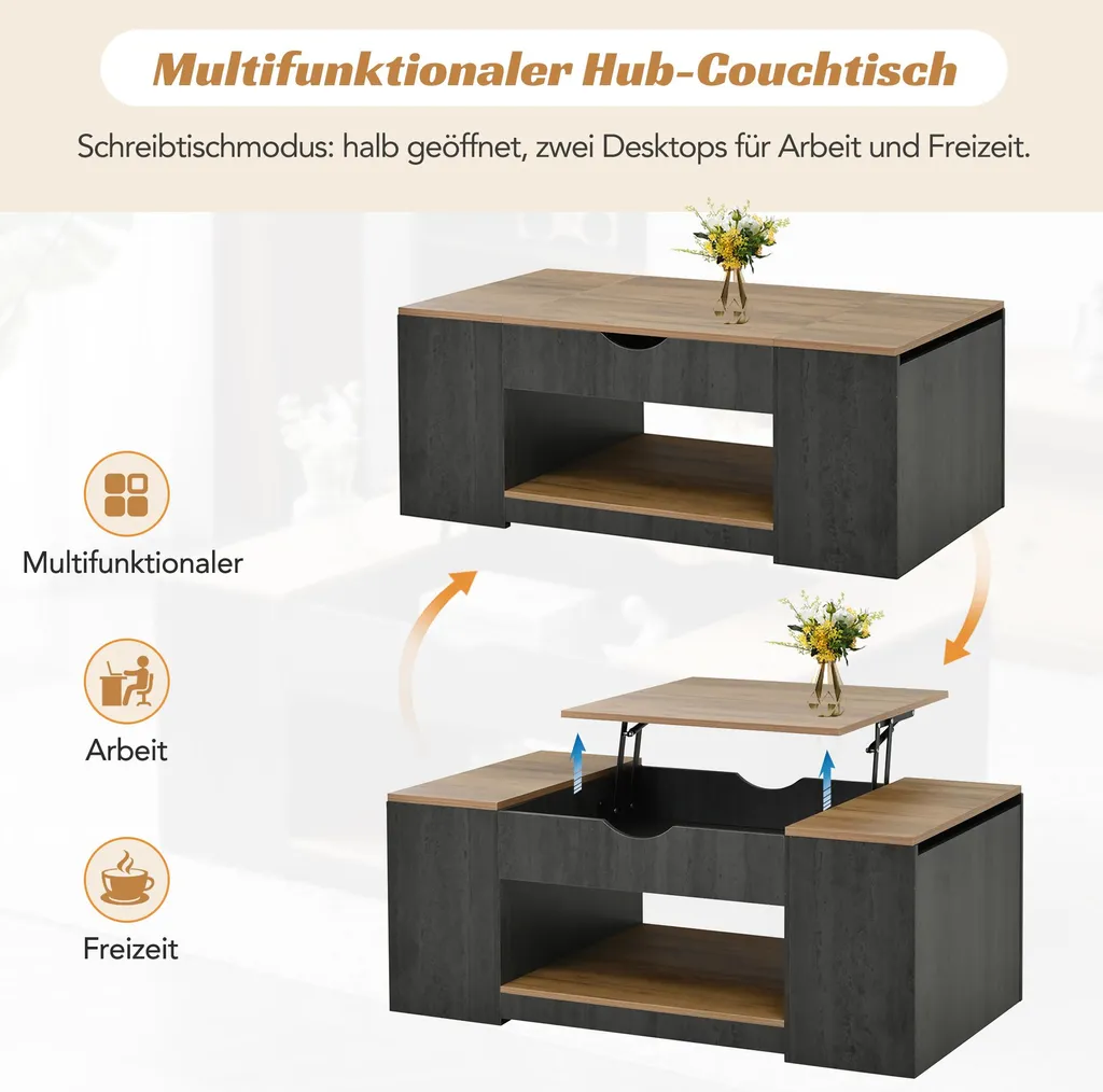 Table basse relevable 110 cm gris et bois marron avec coffre MDF - 7