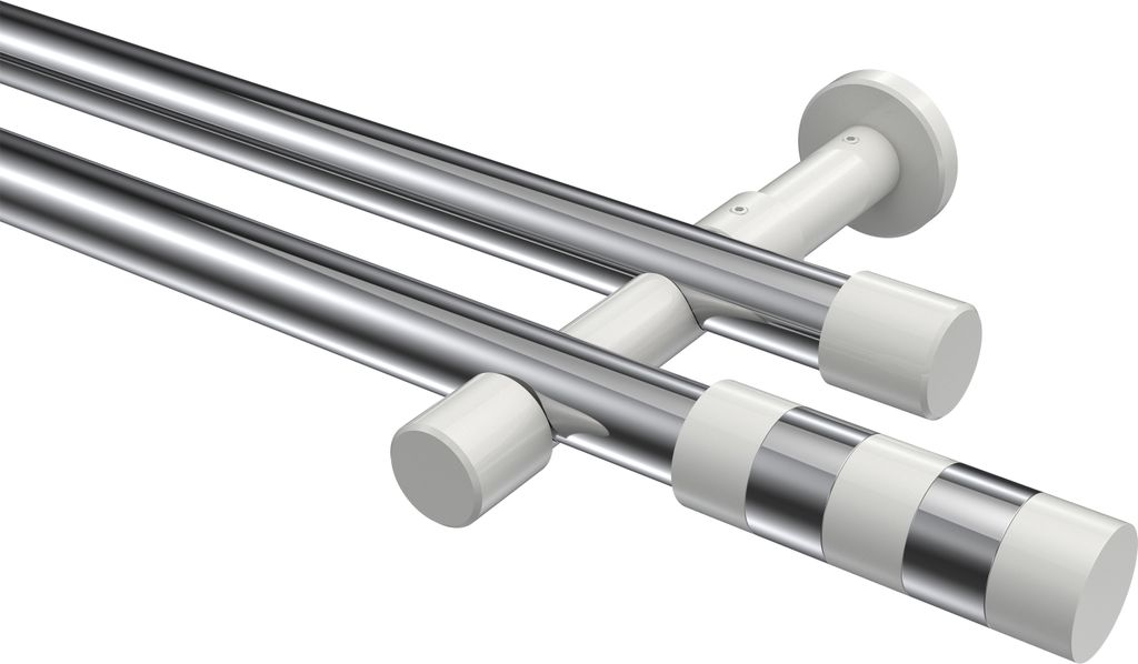 Interdeco Gardinenstange / Vorhangstange Chrom / Weiß, Typ Prestige Mavell (Zylinder Bicolor) ohne Ringe, 20 mm Ø 2-läufig, 520 cm