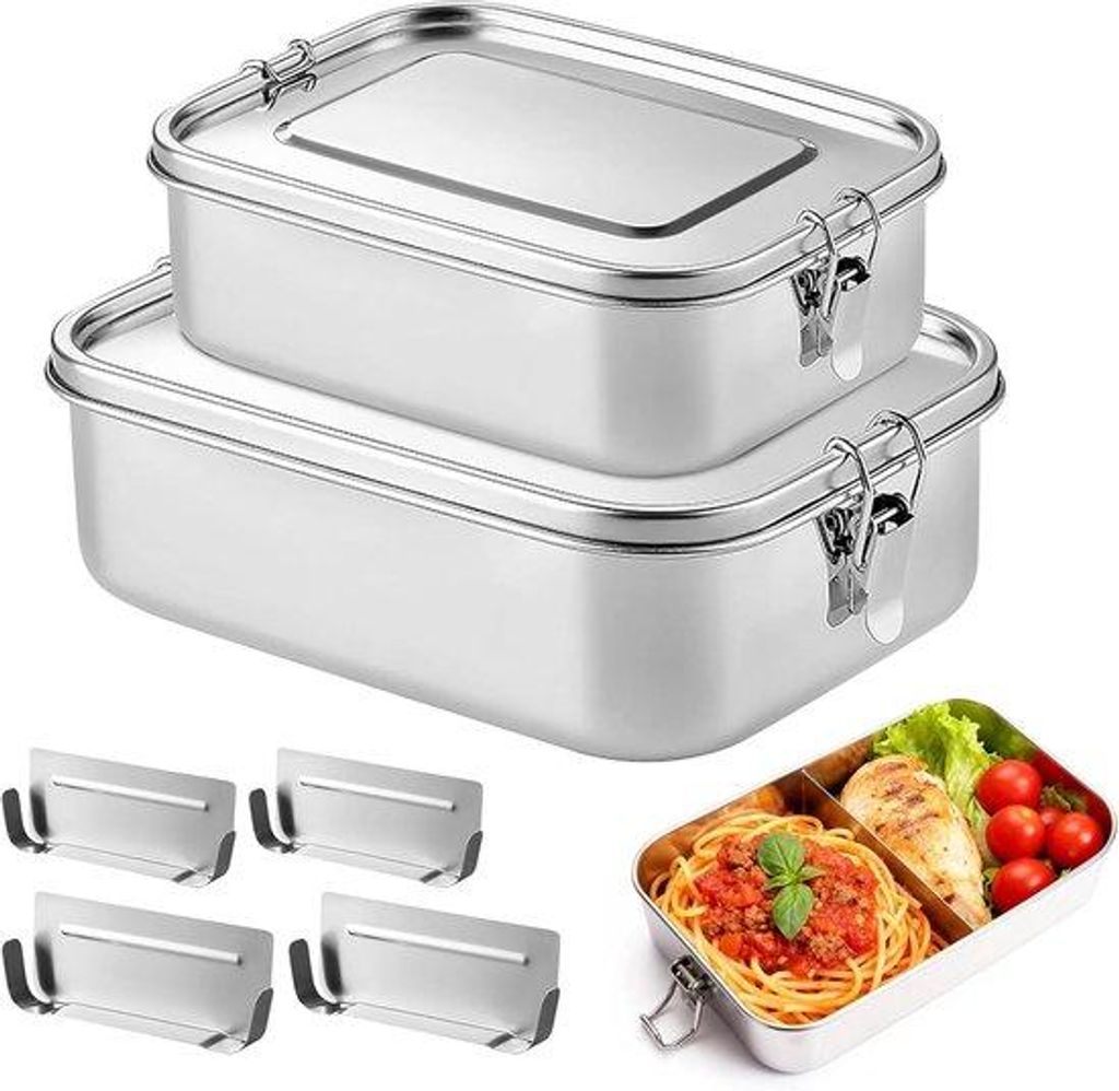 Famanu Set von 2 Edelstahl Brotdosen, auslaufsichere Lunchboxen mit 2 Fächern, 850 ml und 1400 ml