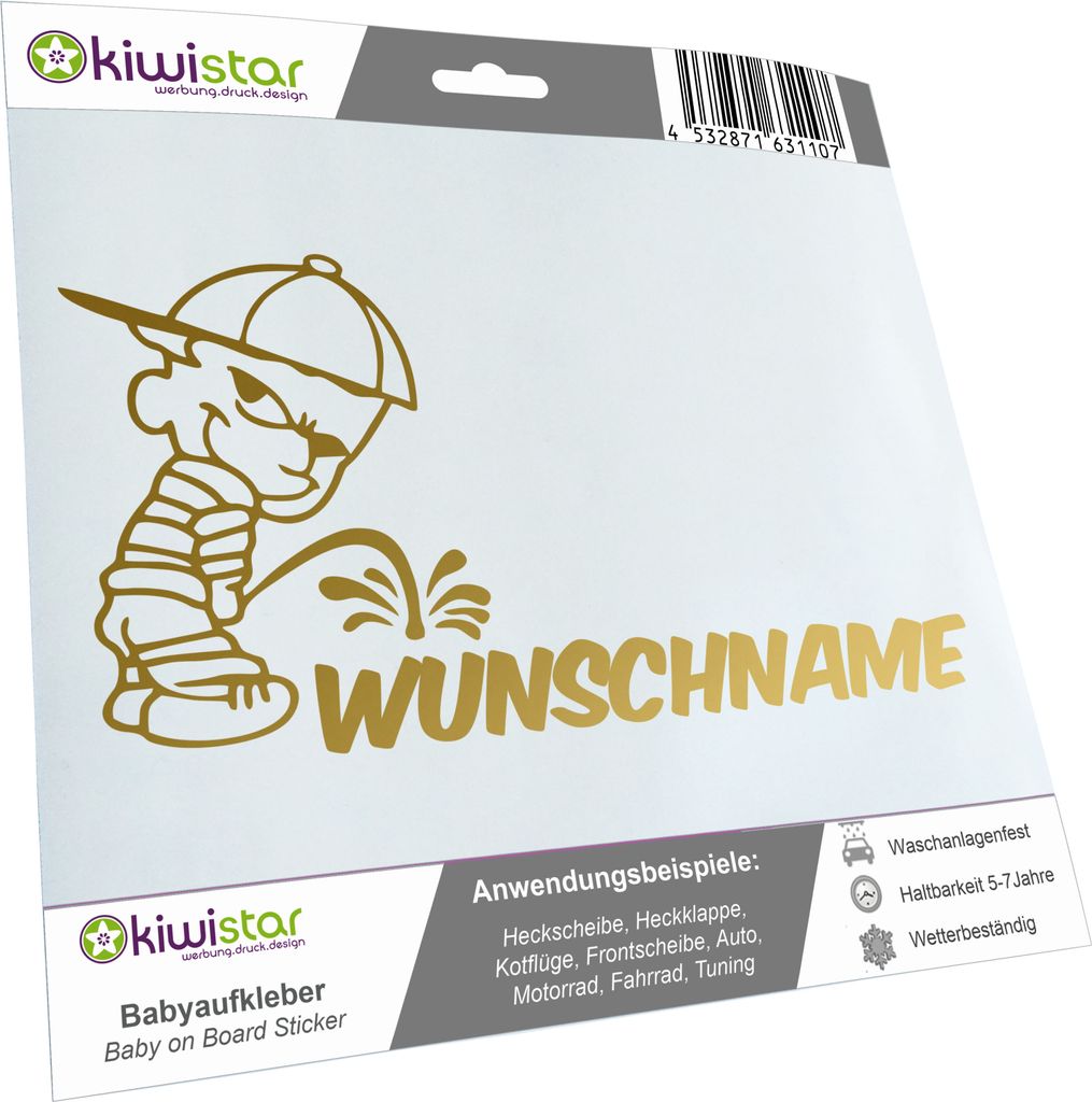 Kiwistar - Autoaufkleber - Piss on Wunschname - mit Basecap - 30 cm - gold - Pissmännchen - Aufkleber für Auto, Laptop, Fahrrad, LKW, Motorrad Me...