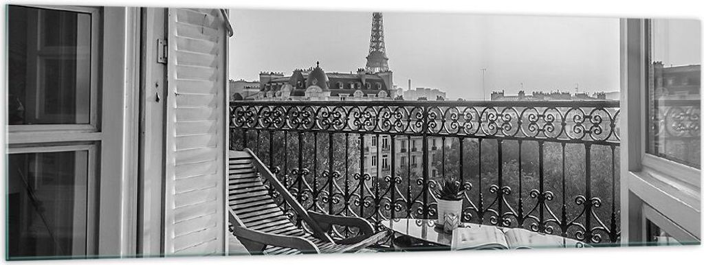 Bilder auf glas - Einteilig - Schwarzweiß Paris Balkon - 160x50cm - Glasbilder - Wandbilder - Bilder - zum Aufhängen bereit - Wanddekoration aus ...