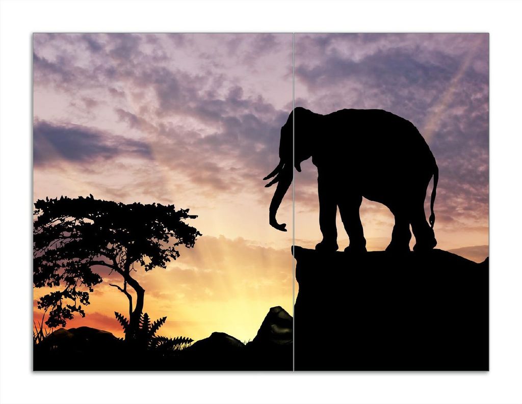 Wallario Herdabdeckplatte aus Glas, Größe 70 x 52 cm 2-teilig, Motiv Elefant vor Abendhimmel