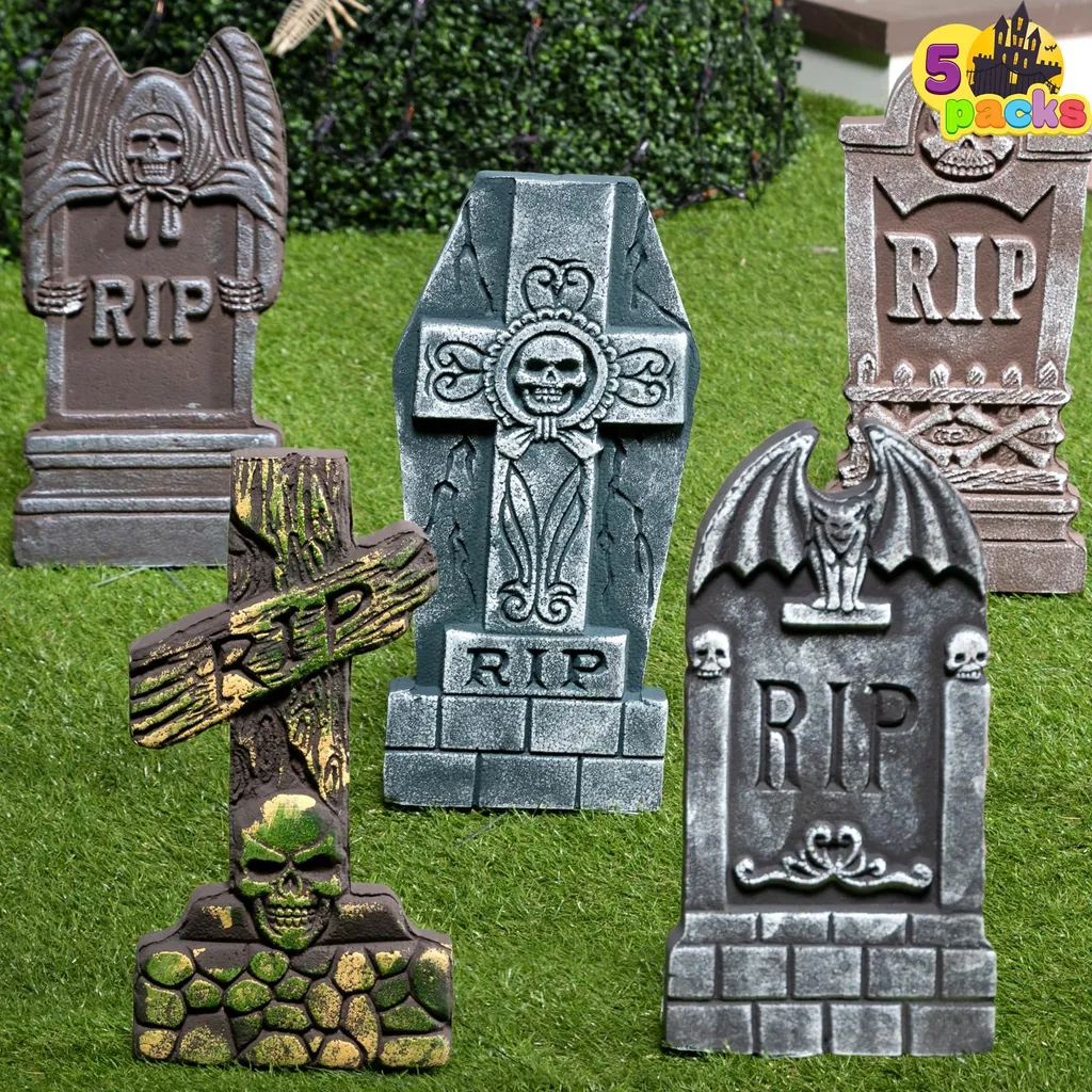 Pierres tombales Halloween 43cm en mousse RIP et 12 piquets de fixation