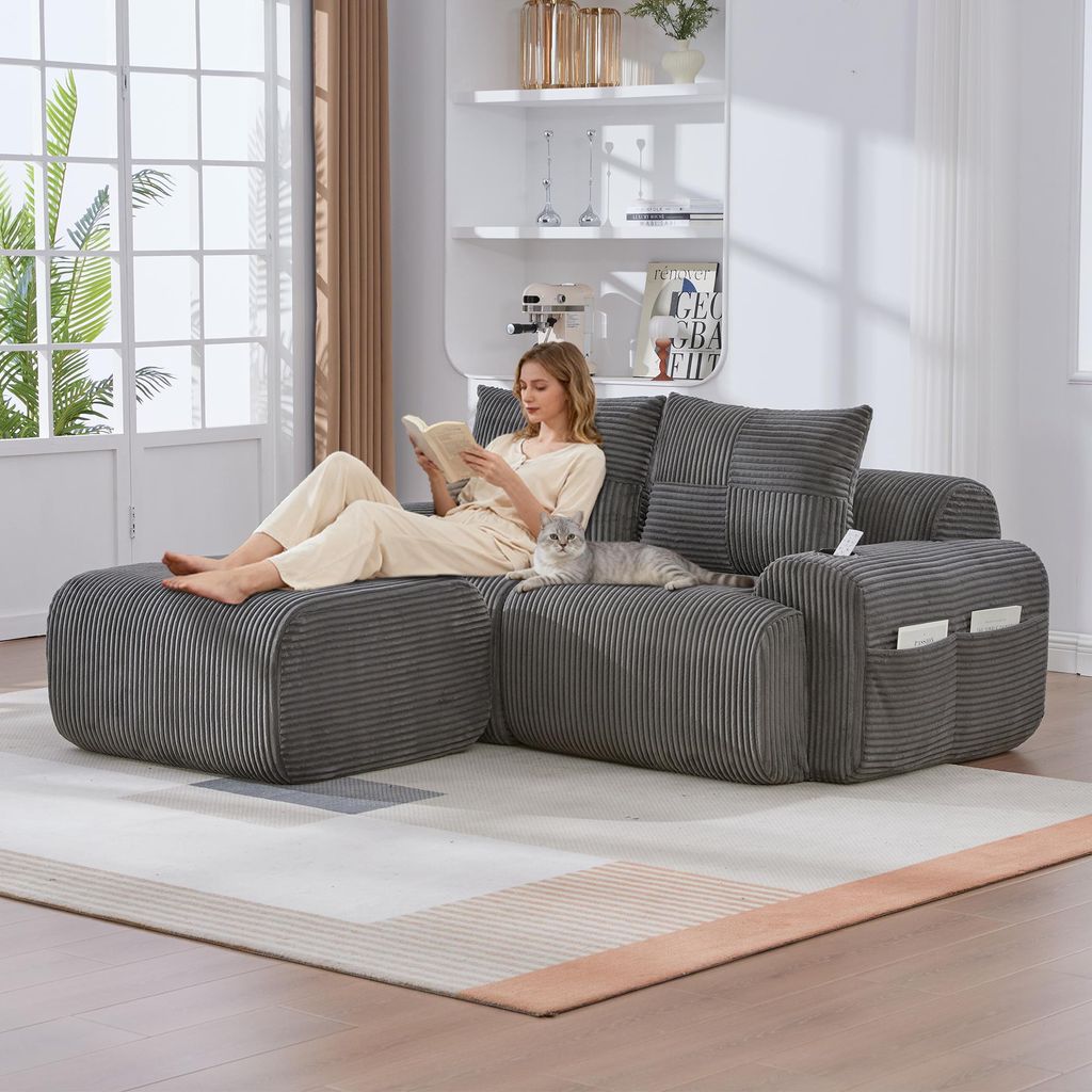 Cord Sofa Dunkelgrau 2 Sitzer Modulsofa mit Hockern Ecksofa Modular Couch mit Getr?nkehalter Seitentasche Wohnlandschaft L Form Wohnzimmersofa Pols...