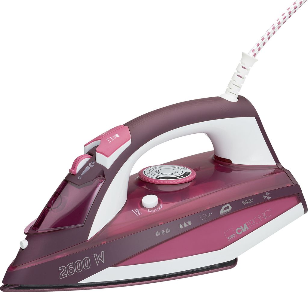 A purple and white steam iron against a white background.