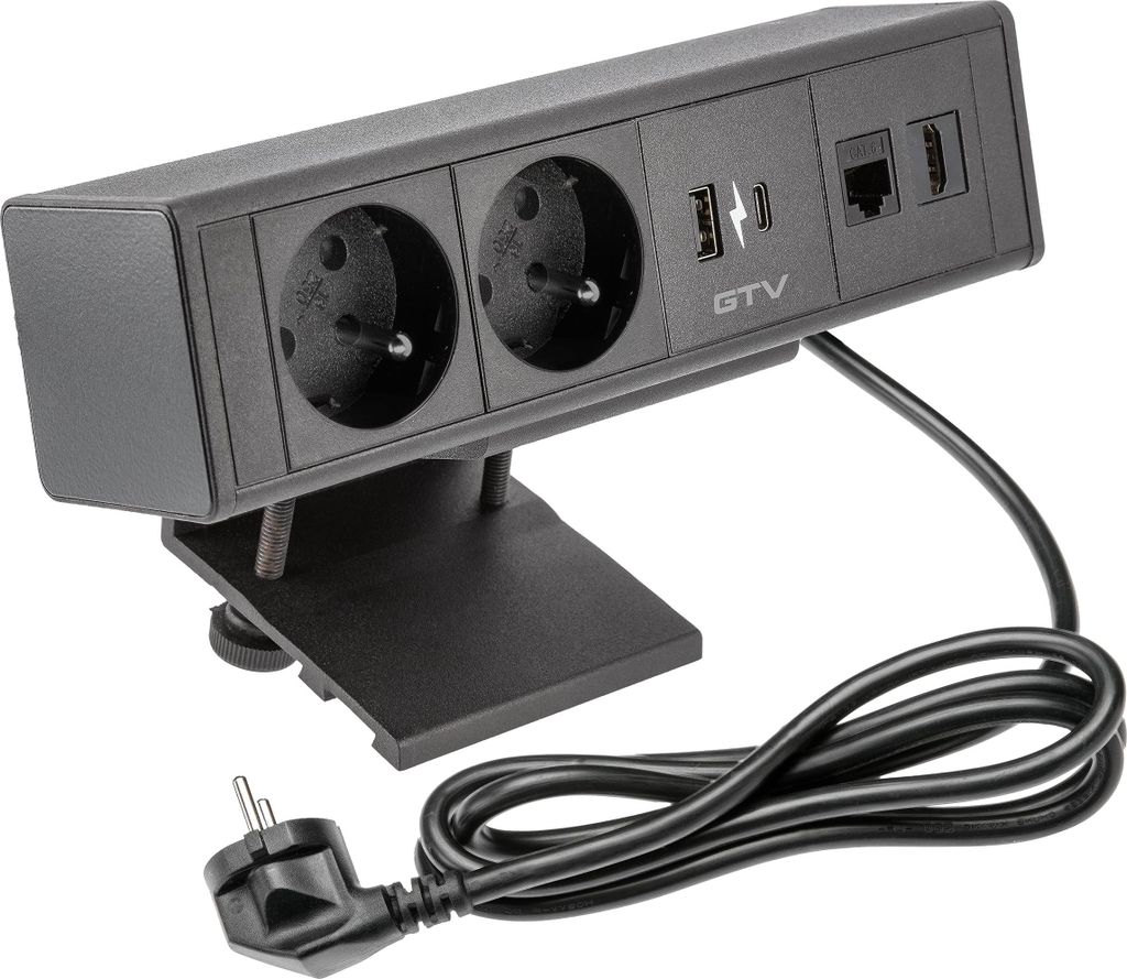 GTV - Möbelsteckdose BAR, Mehrfachsteckdosen, 2x French Steckdose, 1x USB A, 1x USB C, 1x RJ45 1x HDMI, Kabellänge 1,5m, Farbe Schwarz, für Schr...