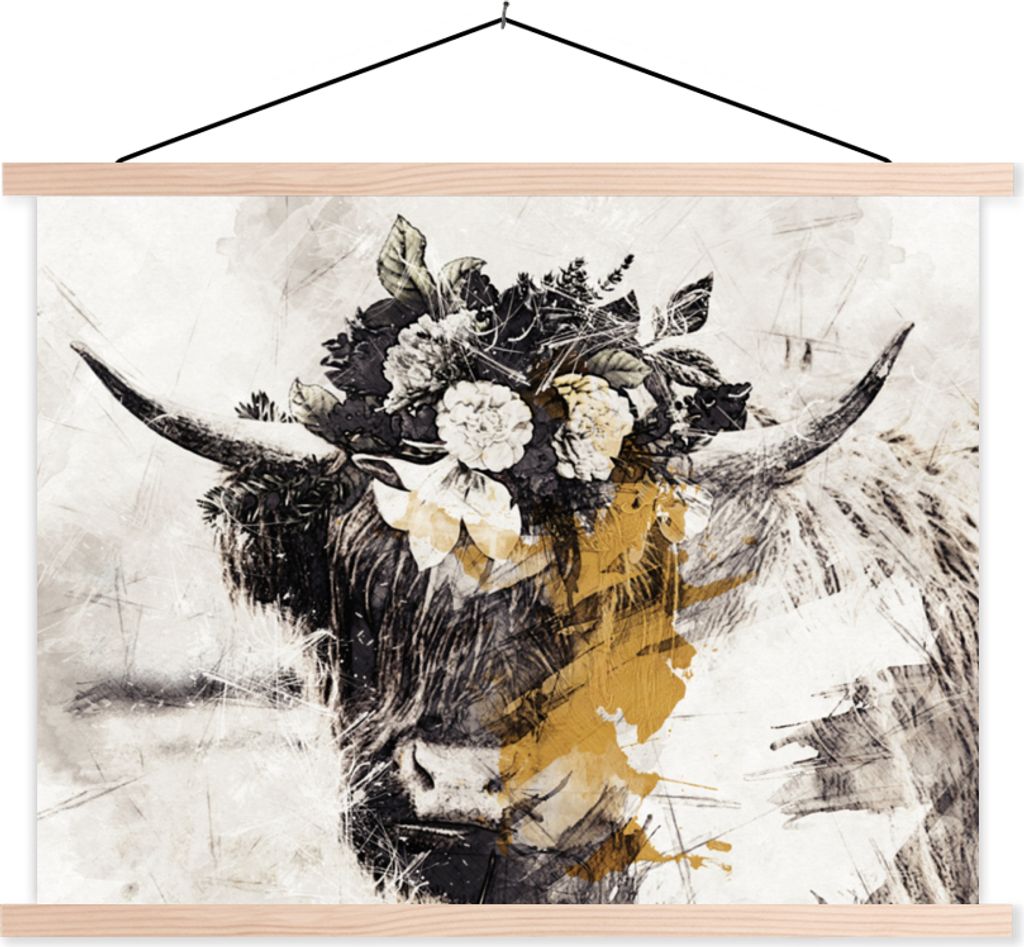 MuchoWow Textilposter Scottish Hochlandrind - Farbe - Schwarz und Gold 120x90 cm mit holzfarbenen Rahmen - Magnetisch