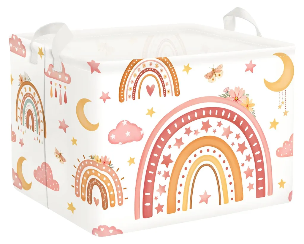 Bac de rangement enfant pliable pour jouets et linge motif arc-en-ciel