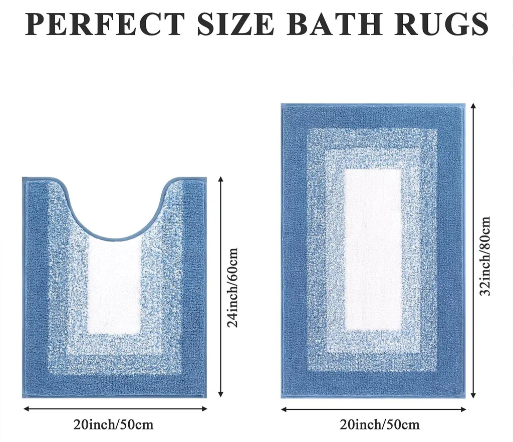 Ensemble tapis de douche et tapis WC bleu lavable à poils longs doux - 2