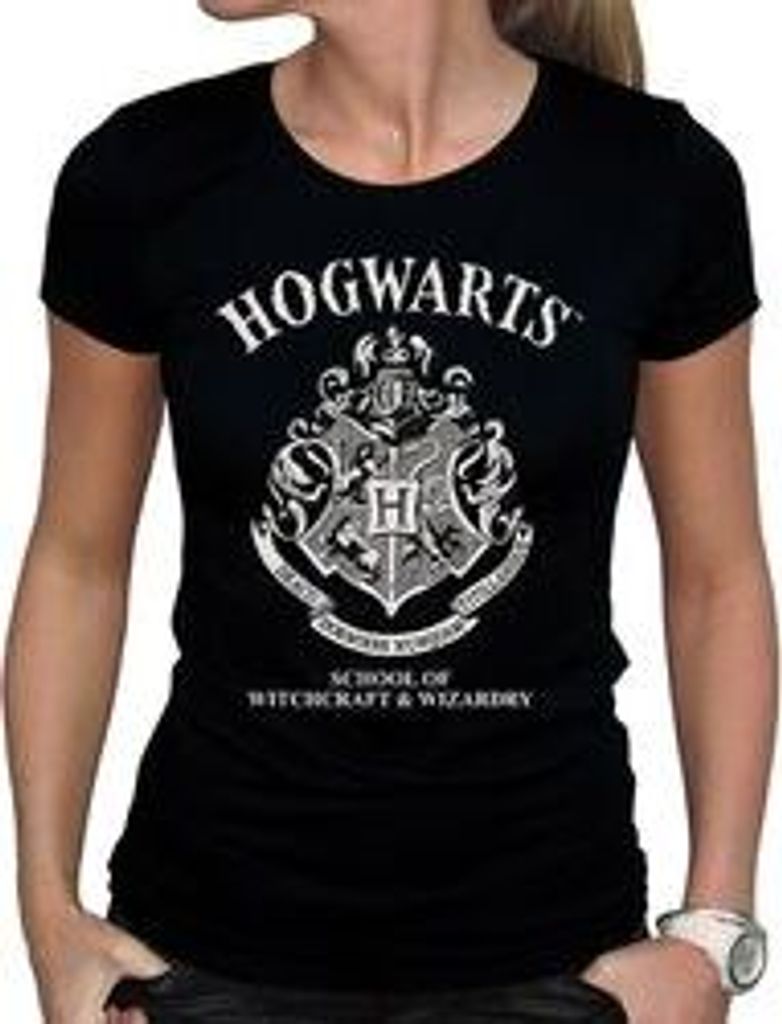 Harry Potter Damen T-Shirt (Girlie): Hogwarts Wappen (schwarz) M