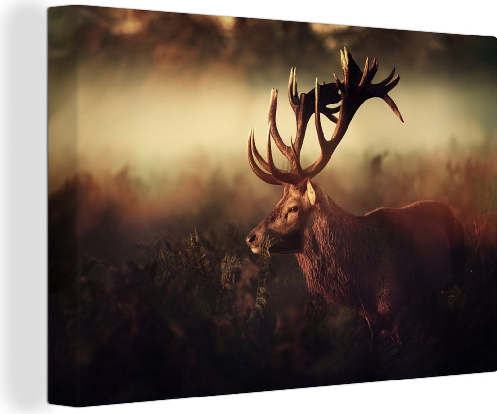 OneMillionCanvasses - Leinwandbilder - 140x90 cm, Hirsche - Wald - Nebel, Wandbilder Kunstdruck Wanddekoration