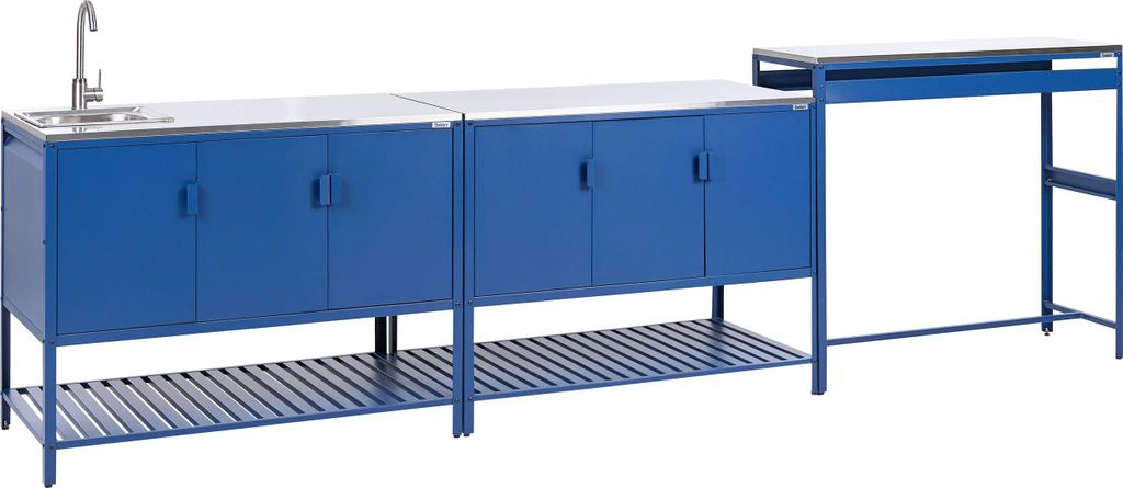 BELIANI Outdoor-Küche 3er Set Blau Stahl mit Spüle Bartisch Edelstahlplatte Modern Gartenküche Outdoor-Küchenmöbel Kücheninsel für Garten Dr...