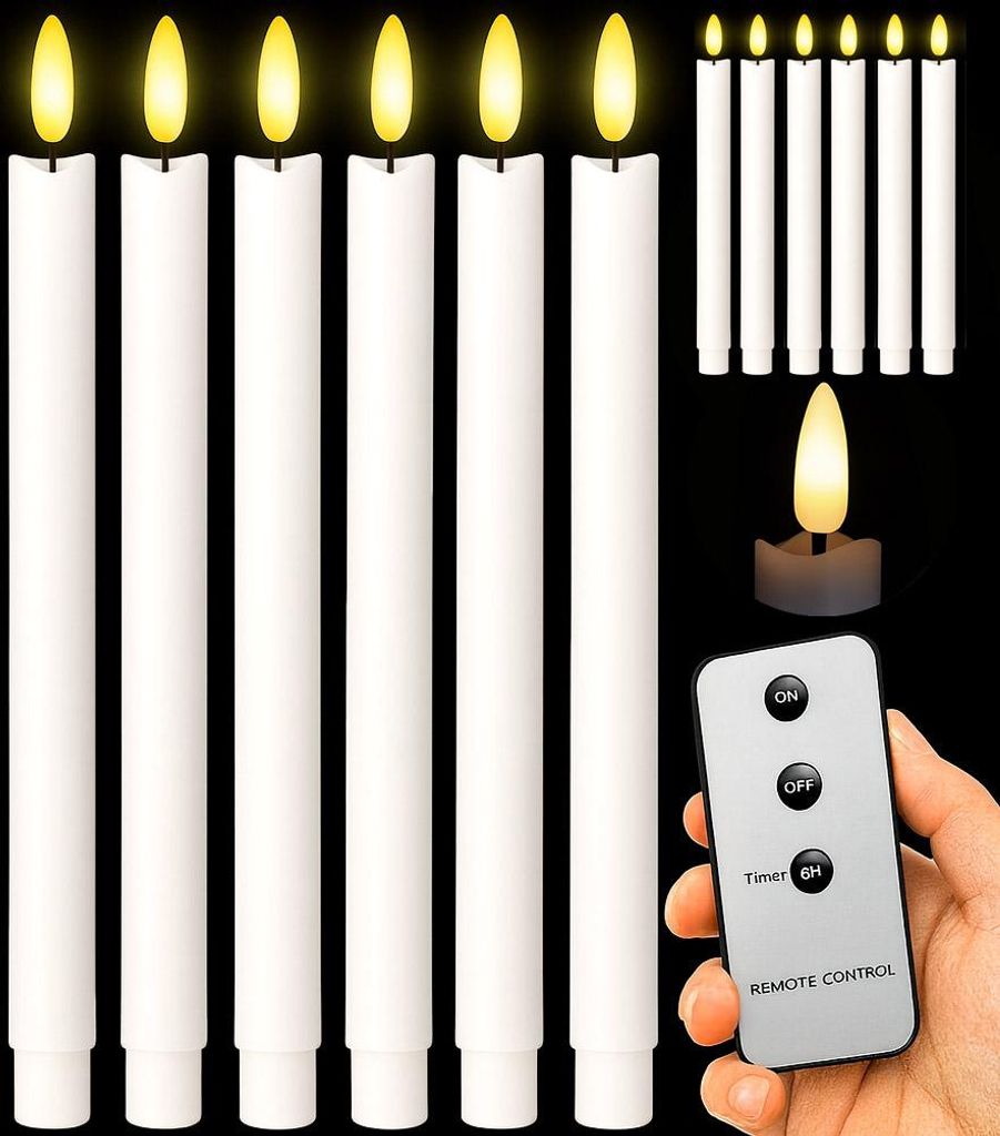 12er Set Echtwachs LED Stabkerzen 25 cm in Weiß, warmweiß Produktbild 