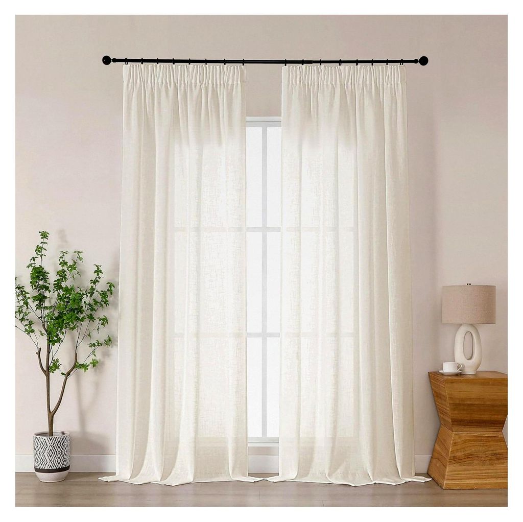 Kräuselband-Gardinen im modernen Leinenlook, halbtransparent, 2er Set, Beige, H245 x B140 cm