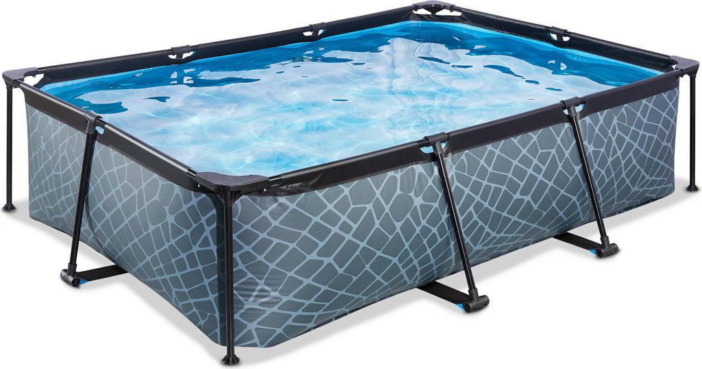 An above-ground rectangular swimming pool filled with blue water, set against a white background.