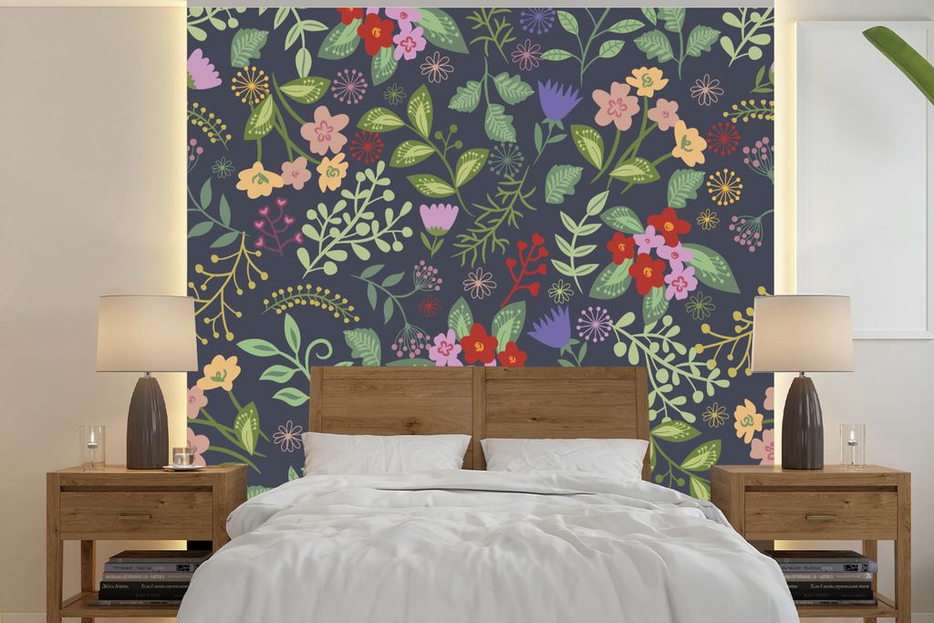 MuchoWow Fototapete für Wohnzimmer oder Schlafzimmer Wandtapete Vinyl Motivtapete Eine florale Illustration mit viel Farbe - 240x240 cm - Schlaf...