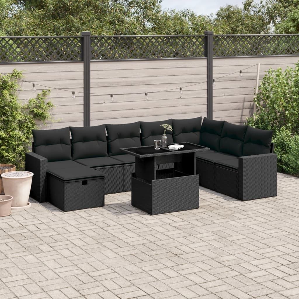 Möbel 9-tlg. Garten-Sofagarnitur mit Kissen Schwarz Poly Rattan - Gartenmöbelset 3274865