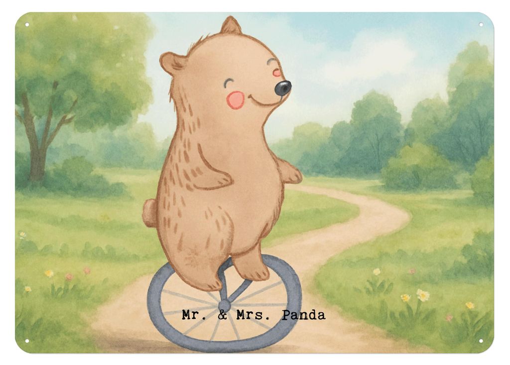 Mr. & Mrs. Panda Wandbild Bär Einrad fahren Design DIN A6 - Weiß - Geschenk, tafel, Blechschild, Deko, Türschild, Schild
