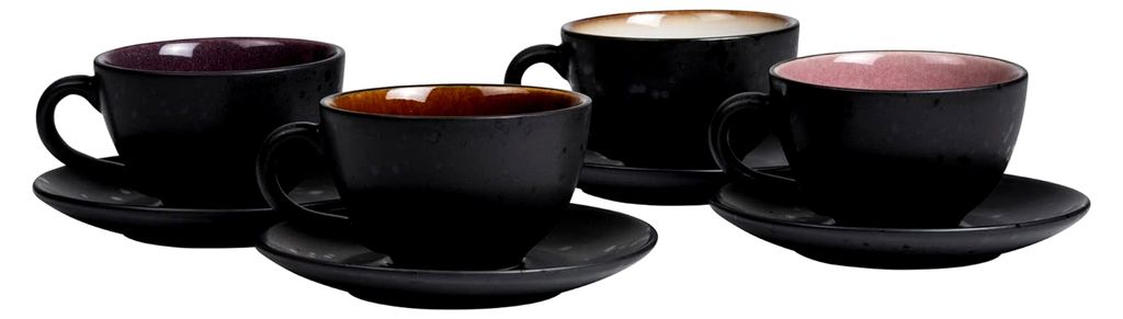 Tassen, Kaffeetassen mit Untertasse, Steingut, 24 cl, 4er-Set, Amber, Rosa, Lila, Creme