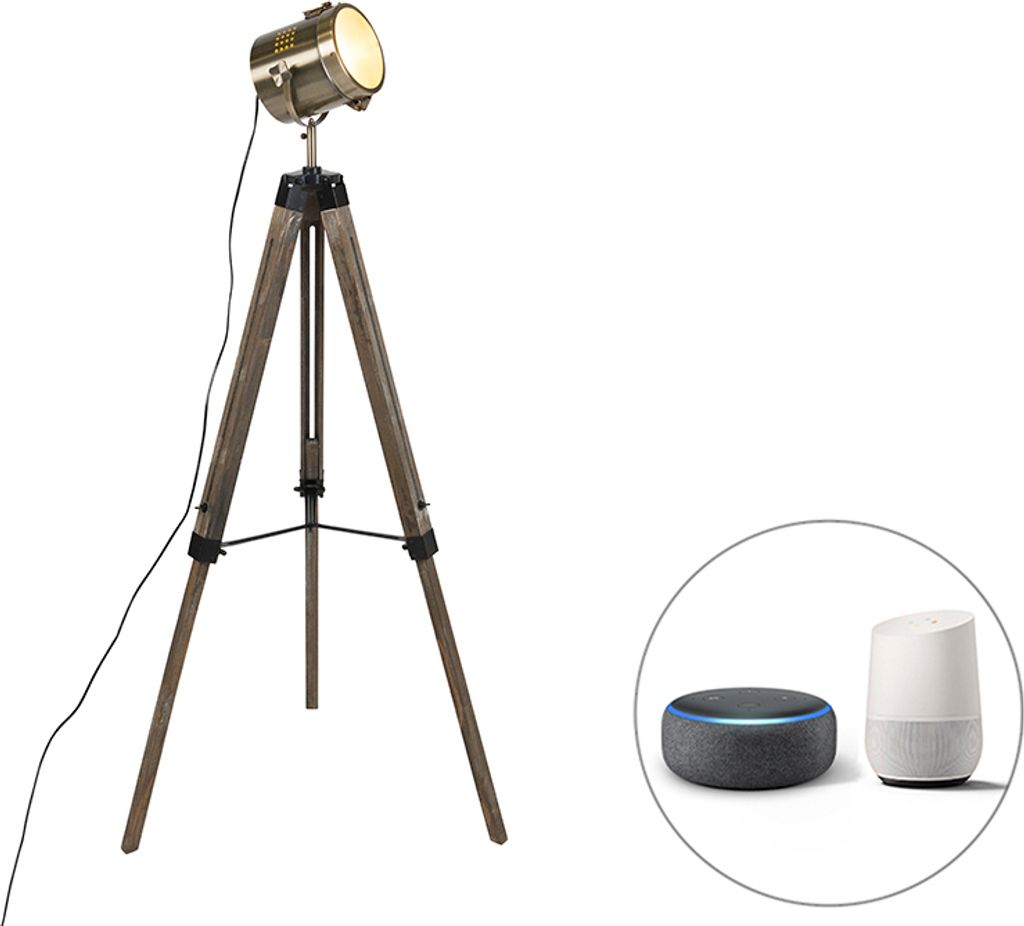 QAZQA - Industrie I Vintage I Smarte Stehleuchte I Stehlampe I Standleuchte I Lampe I Leuchte Stativholz mit Studiostrahler inkl. WiFi B35 - Braha ...