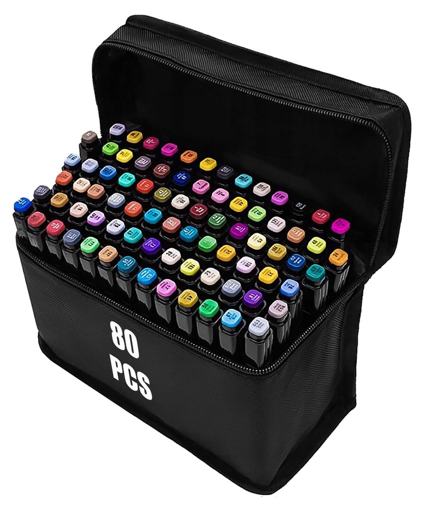 A black carrying case filled with 80 colorful marker pens.