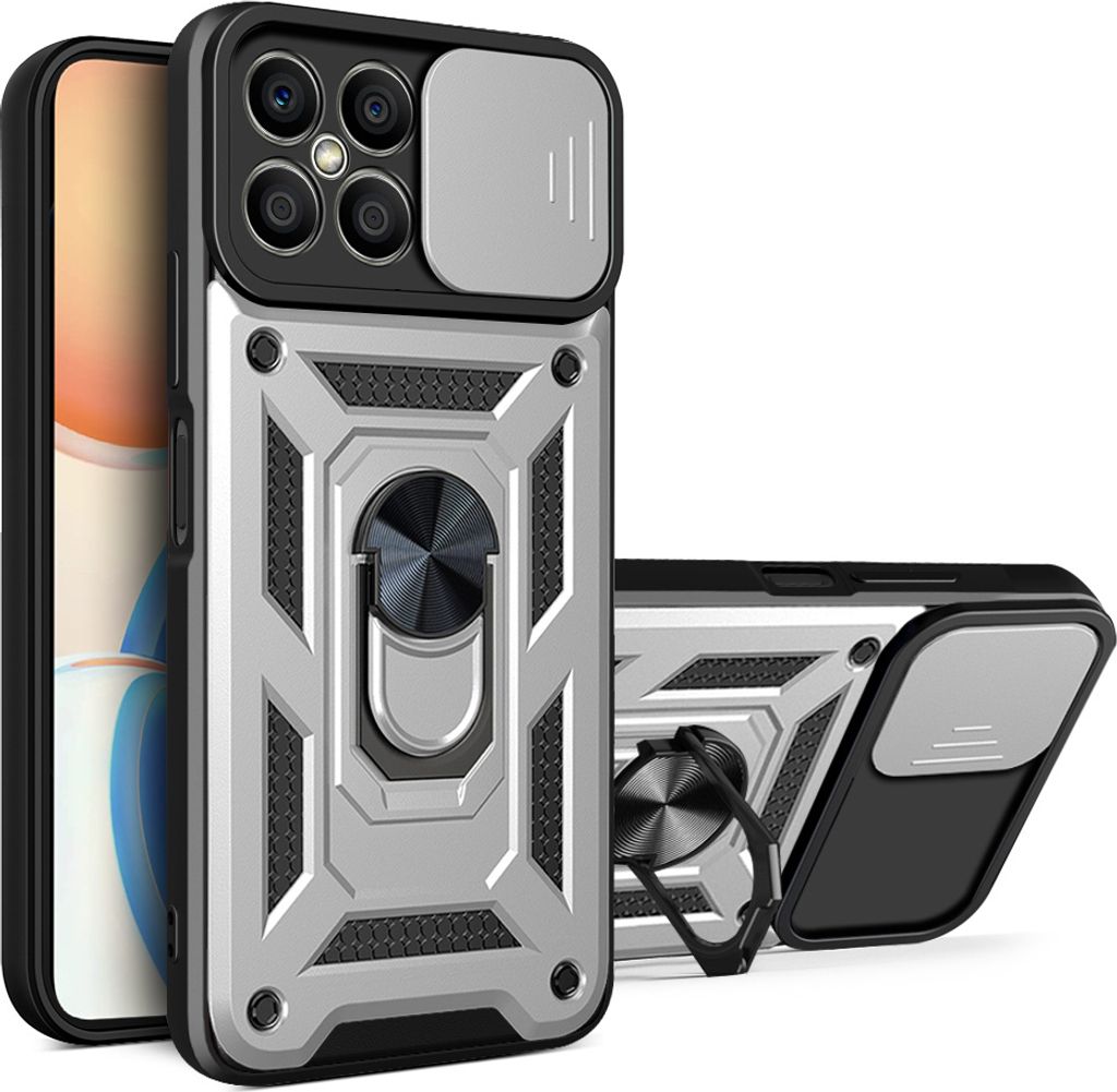 Honor X8 Hülle mit Ring Ständer Halter Dia Kameraschutz TPU PC Schutzhülle für Honor X8 Silber
