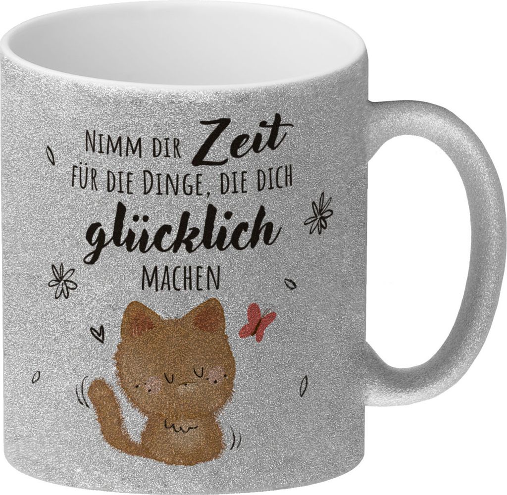 Katze Glitzer-Kaffeebecher mit Spruch Zeit für dein Glück nehmen