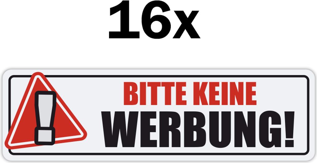 Keine Werbung - Aufkleber - Bitte Achtung 16x Weiß - für Briefkasten - Zeitungsrolle - Letterbox 68x22 mm