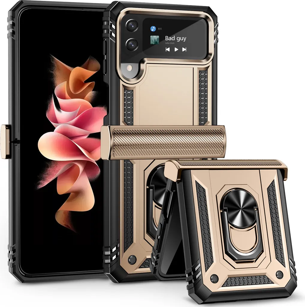 Cover Robusta Samsung Z Flip 3 Oro con Supporto Anello e Cavalletto